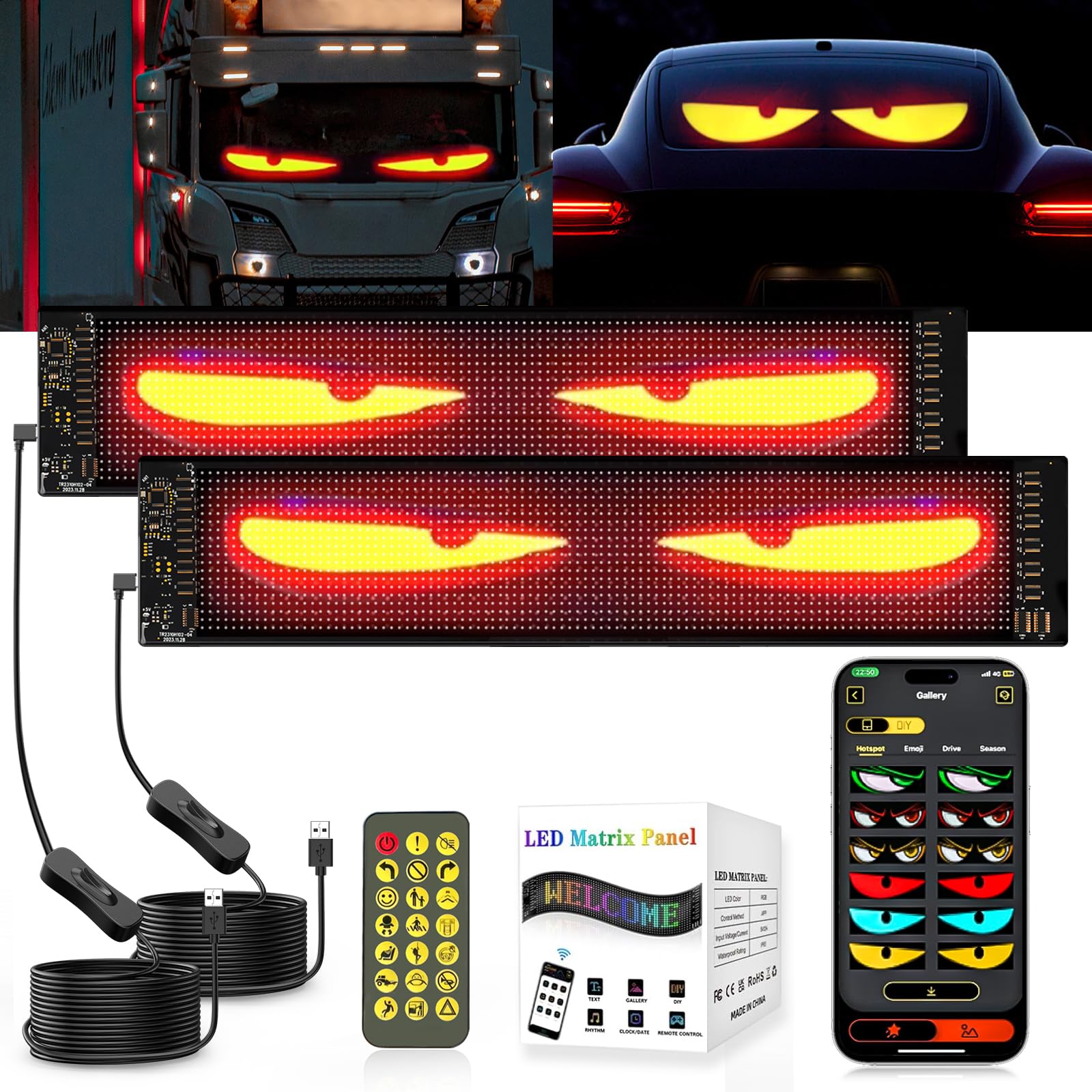 ZIMAOER LED Augen für LKW, Teufelsaugen Lichter für Autos, Flexibles LED-Display, Großes Programmierbares LED Design für Auto, LKW, Geschäft, DIY Dynamische LED Werbung (2er 12x59.5cm) von ZIMAOER
