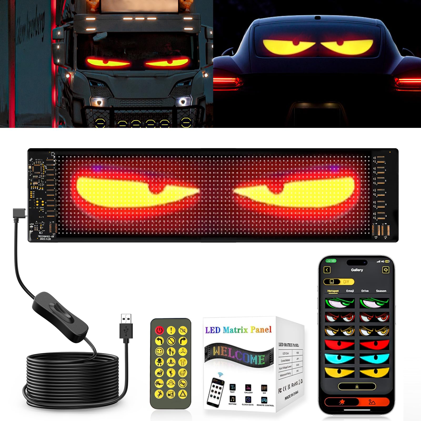 ZIMAOER LED Augen für LKW, Teufelsaugen Lichter für Autos, Flexibles LED-Display, Großes Programmierbares Schild Design für Auto, LKW, Geschäft, DIY Dynamische Werbung (1er 7x17.3cm) von ZIMAOER