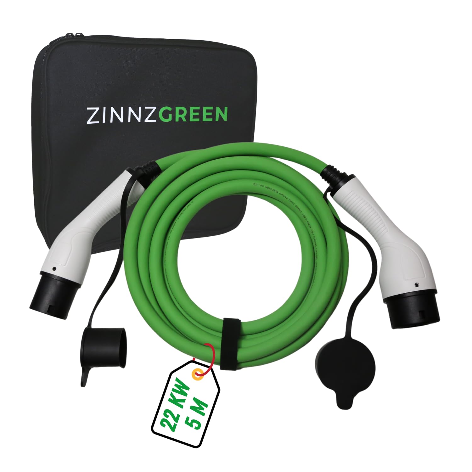 ZINNZGREEN Typ2 Ladekabel 22kW & 32A für Elektroauto und Hybrid - 5m, Dreiphasen Ladekabel Typ2 auf Typ2 - IP54 Wasserdicht und Staubdicht, TÜV, E-Autoladekabel für Wallbox - mit Tragetasche von ZINNZGREEN