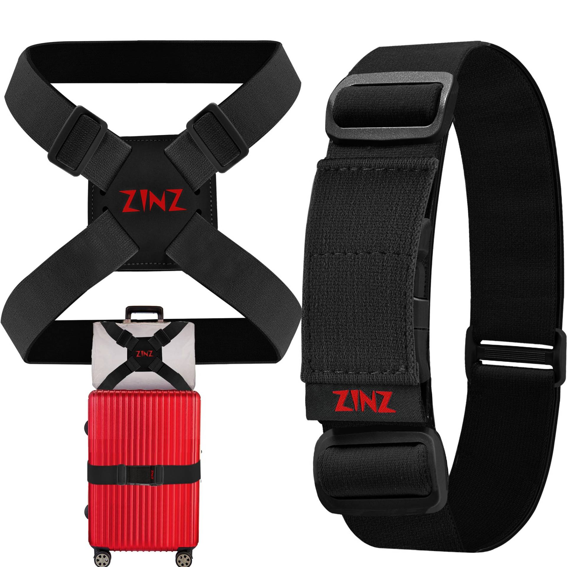ZINZ 2er-Pack elastische Gepäckgurte und Koffer-Bungee, Verstellbarer Taschengürtel, Reisezubehör ，Schwarz/Rot von ZINZ