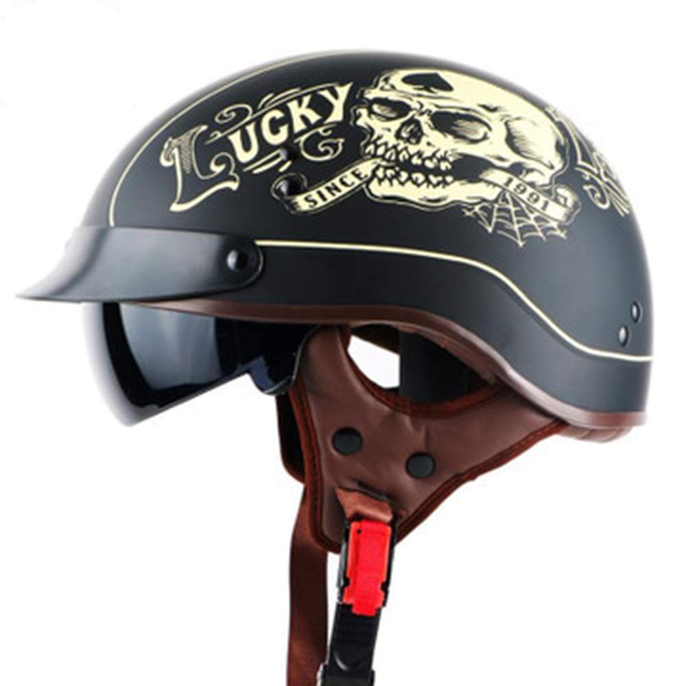 Motorrad Helm, Halbschale Vintage Style Harley Helm mit Visier, Halbschalenhelm ECE Zertifizierung Jethelm Für Damen Und Herren, für Cruiser Chopper Biker Lucky Skull von ZLYJ