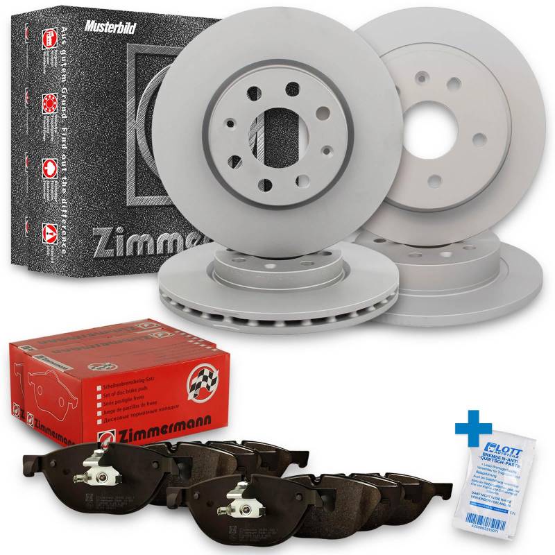 ZIMMERMANN Bremsscheiben + ZIMMERMANN Bremsbeläge vorne + hinten Bremsenkit Komplettset Vorderachse + Hinterachse von ZMANN