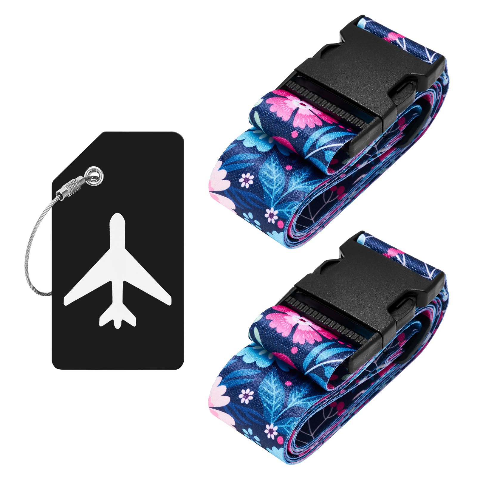 ZOUIQSS 2 Stück verstellbare Koffergurt Kofferband,strapazierfähige Koffergurte,Kofferanhänger Gepäckgurte Reiseverpackungsgurte mit Schnellverschluss(Bunte Schwarze Blume) von ZOUIQSS
