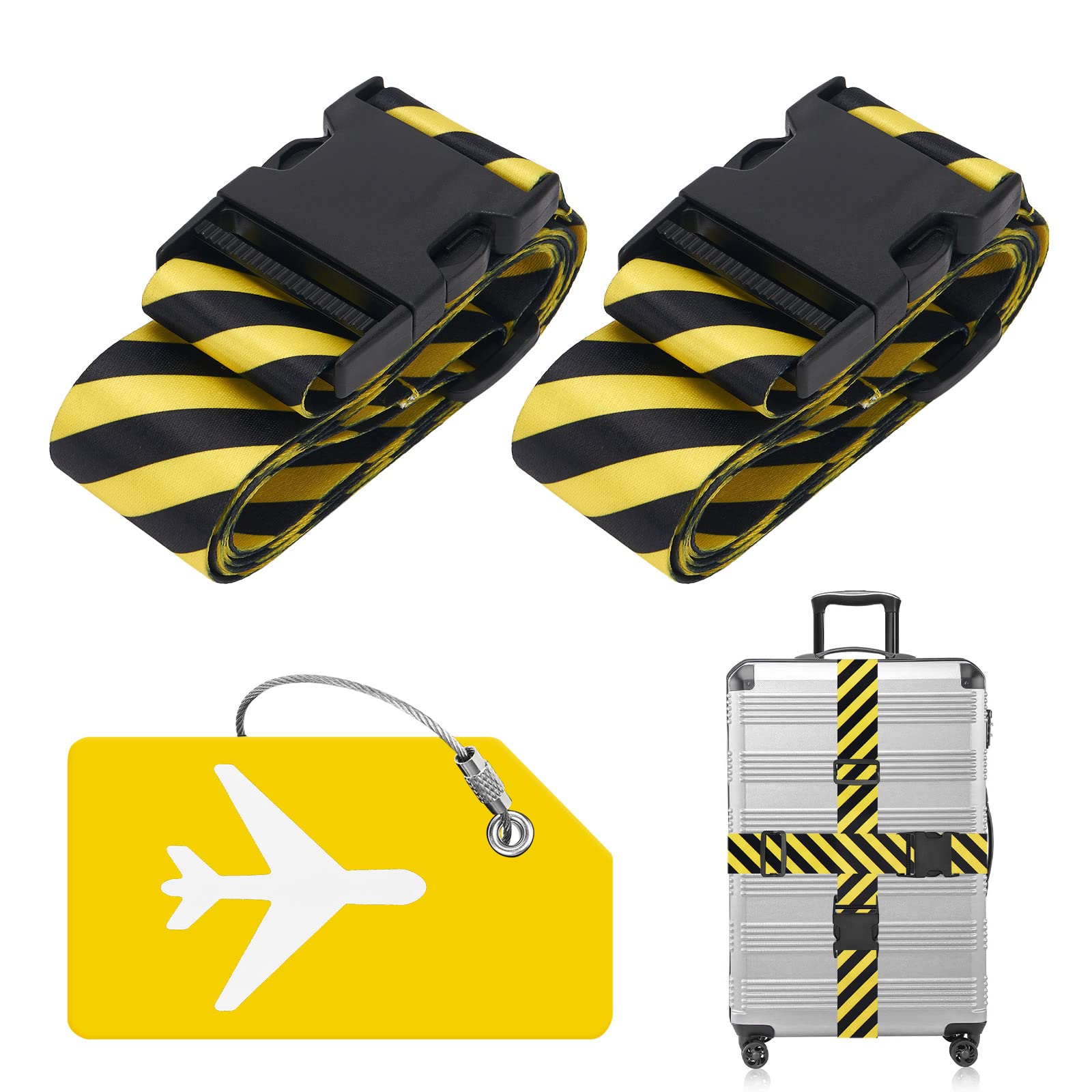 ZOUIQSS 2 Stück verstellbare Koffergurt Kofferband,strapazierfähige Koffergurte,Kofferanhänger Gepäckgurte Reiseverpackungsgurte mit Schnellverschluss(Gelber schwarzer Streifen) von ZOUIQSS