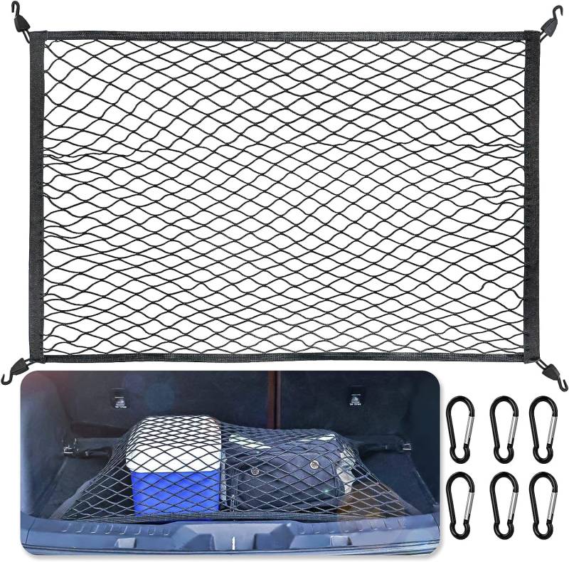 ZOVHYYA Kofferraum Gepäcknetz Gepäcknetz 60x80cm Erstreckt Sich auf 120x160cm Kofferraum Netz mit 6 Karabinern und 4 ABS Kunststoffschnallen Gepäcknetz Super Elastisch Geeignet für die meisten Autos von ZOVHYYA