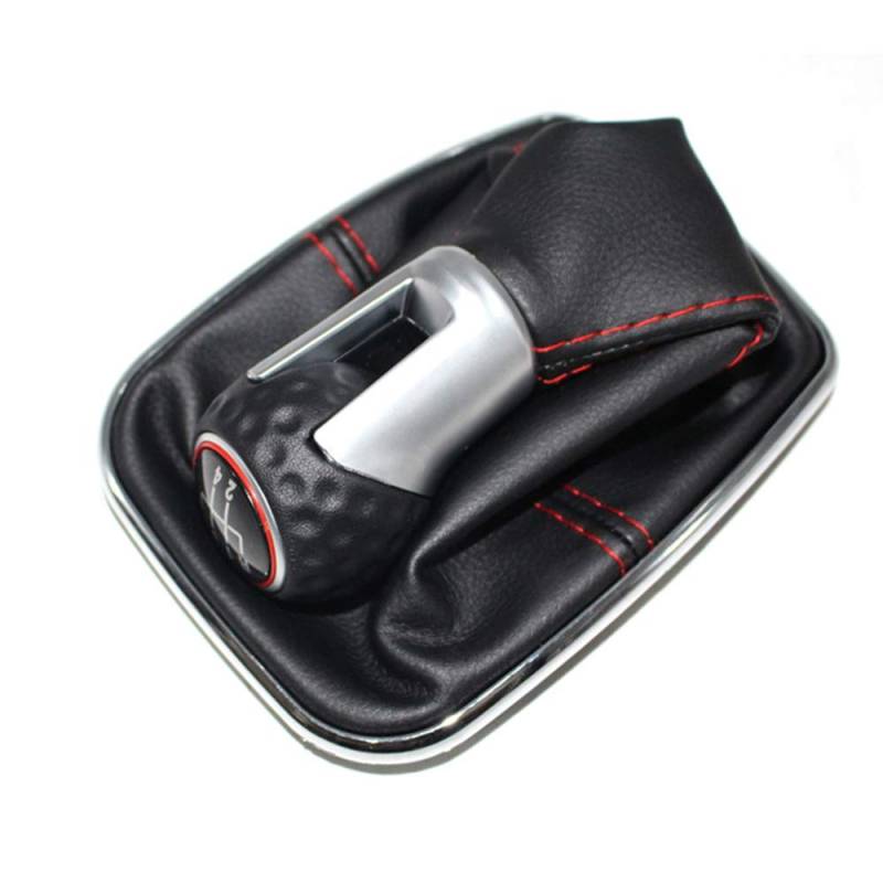 Für VW Bora MK4 Golf 4 Jetta 4 98-04 Auto Schaltknauf mit Chromrahmen Schwarz Leder Roter Faden Roter Ring Cap 5-fach 12mm von CNWagner
