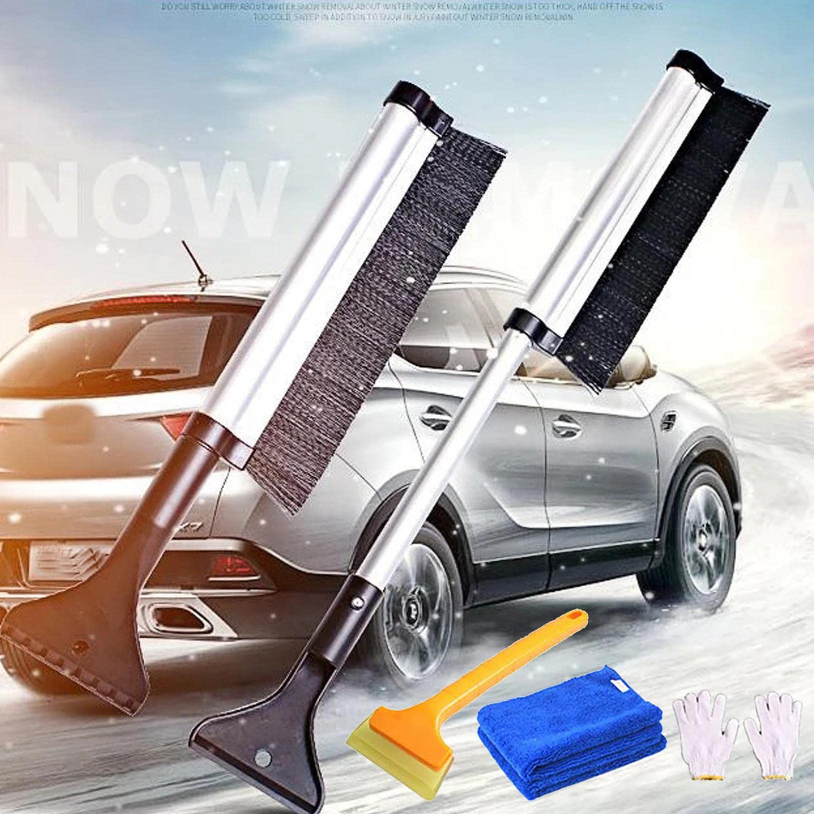 ZQTWJ Ice Scraper with Snow Brush for Car Windshield, 4-Piece Set Window Cleaning Tool for Car, 2-in-1 Retractable Car Snow Brush,Car Windshield Snow Remover with Towel,Gloves,Oxford Scraper von ZQTWJ