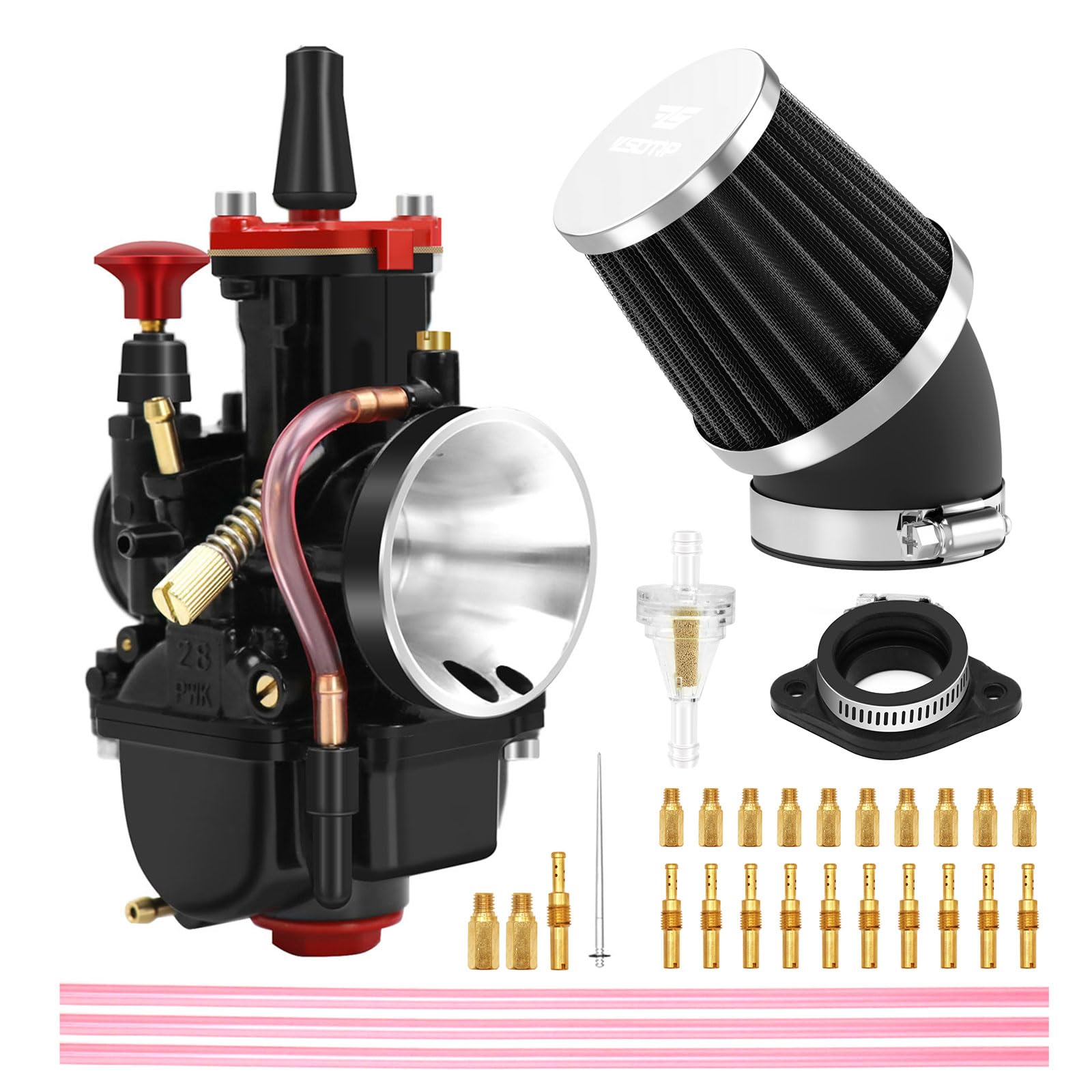 PWK 21 mm Vergaser-Kit mit Luftfilter, 10 Hauptdüsen, 10 Stück langsame Pilotdüsen, universell für 2T 4T Motor, Dirtbike, Motocross, Motorrad, Roller, ATV, Quad, Go-Kart (21 mm) von ZSDTRP