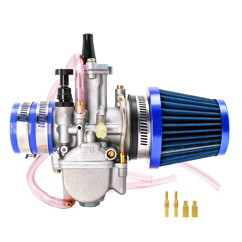 Vergaser mit Ansaugkrümmer, Luftfilter, Ersatzdüsen-Set, universell geeignet für 2t/4t Roller, Motorrad, Moped, Speedboot, ATV, UTV, Go-Kart-Zubehör (P-W-K 21–34 mm) (28 mm, blau) von ZSDTRP