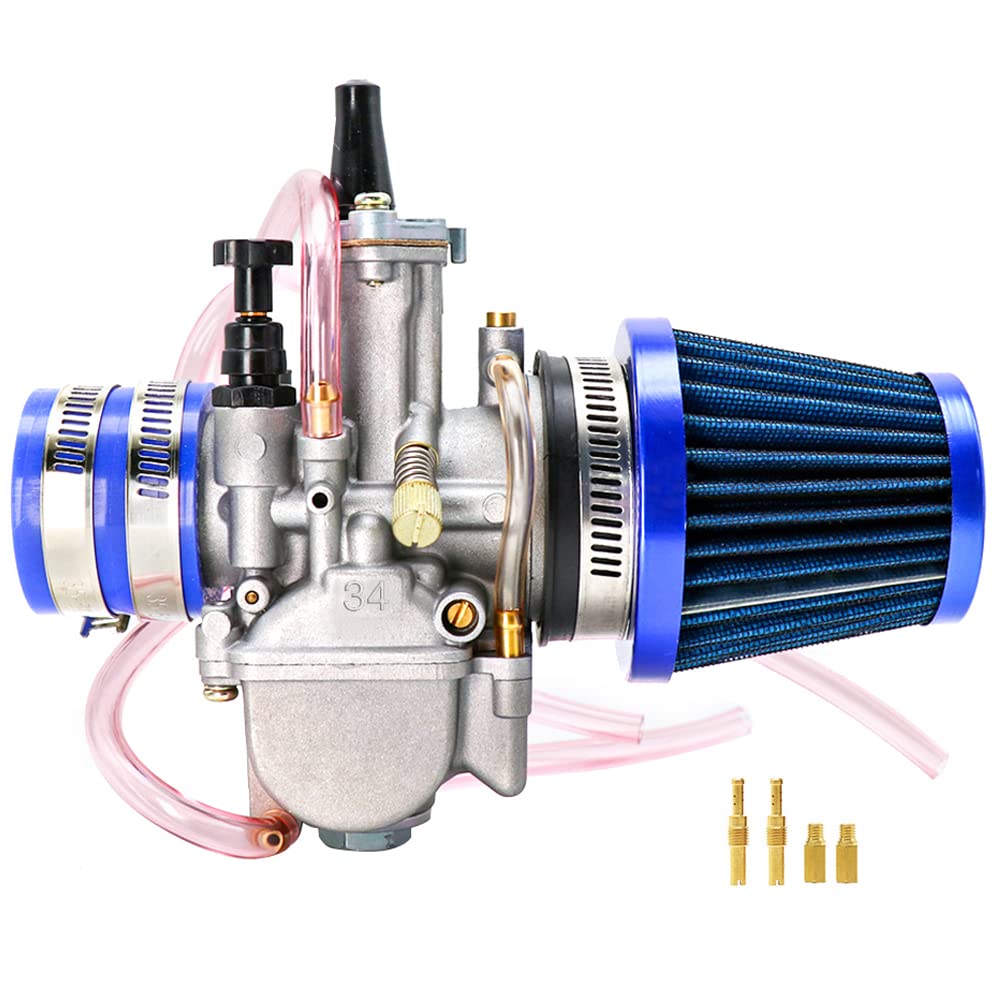 Vergaser mit Ansaugkrümmer, Luftfilter, Ersatzdüsen-Set, universell geeignet für 2t/4t Roller, Motorrad, Moped, Speedboot, ATV, UTV, Go-Kart-Zubehör (P-W-K 21–34 mm) (34 mm, blau) von ZSDTRP