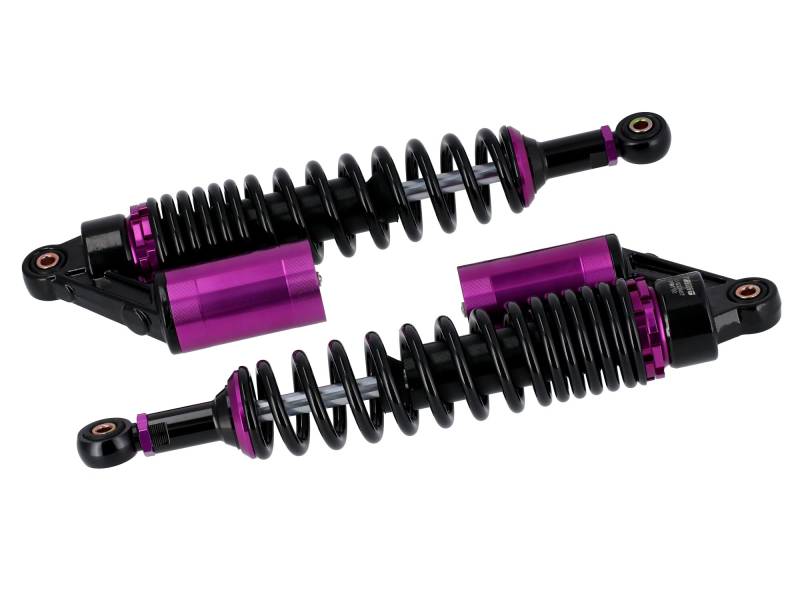 Set: Performance-Federbeine Schwarz/Violett mit ABE, mit externen Ausgleichsbehälter, 360mm - für Simson S50, S51, S70 von ZT-Tuning