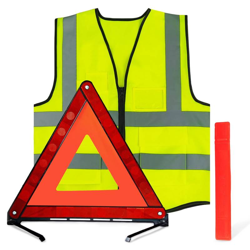 ZTBFHLZQ Warndreieck kfz Warnwesten Set, 360 Grad Reflektierend Warndreieck, Reflektierend Notfalldreieck, KFZ Warnweste, Notfalldreieck Faltbar, Pannendreieck Faltbar mit Aufbewahrungskoffer von ZTBFHLZQ