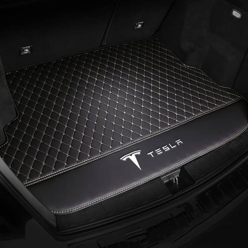ZUMAHA Auto Kofferraumwanne Kofferraummatte Kofferraumwanne für Tesla Model S 2014-2020 2021 2022 2023 2024 Trunk Mat Leder VollstäNdige Einkreisung Heck Kofferraum ZubehöR,Mainpad-Blackbeige von ZUMAHA