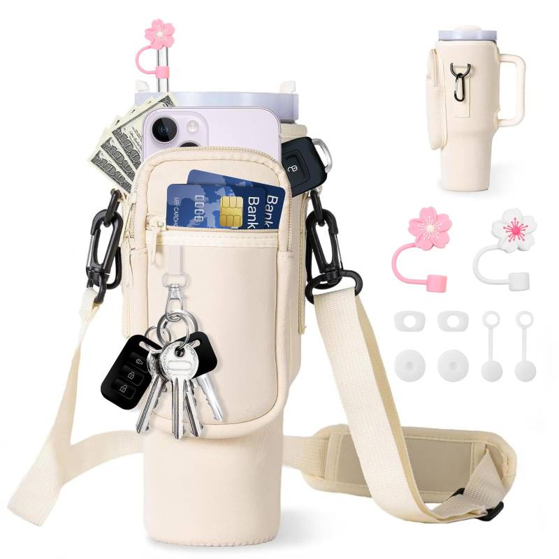 Wasserflaschen Tragetasche für Stanley Becher, Zubehör für Stanley Cup, Becher Tasche Accessories mit Handyfach Verstellbarem Riemen Tragegriff Geeignet Zum Laufen Radfahren Wandern von ZUYIST