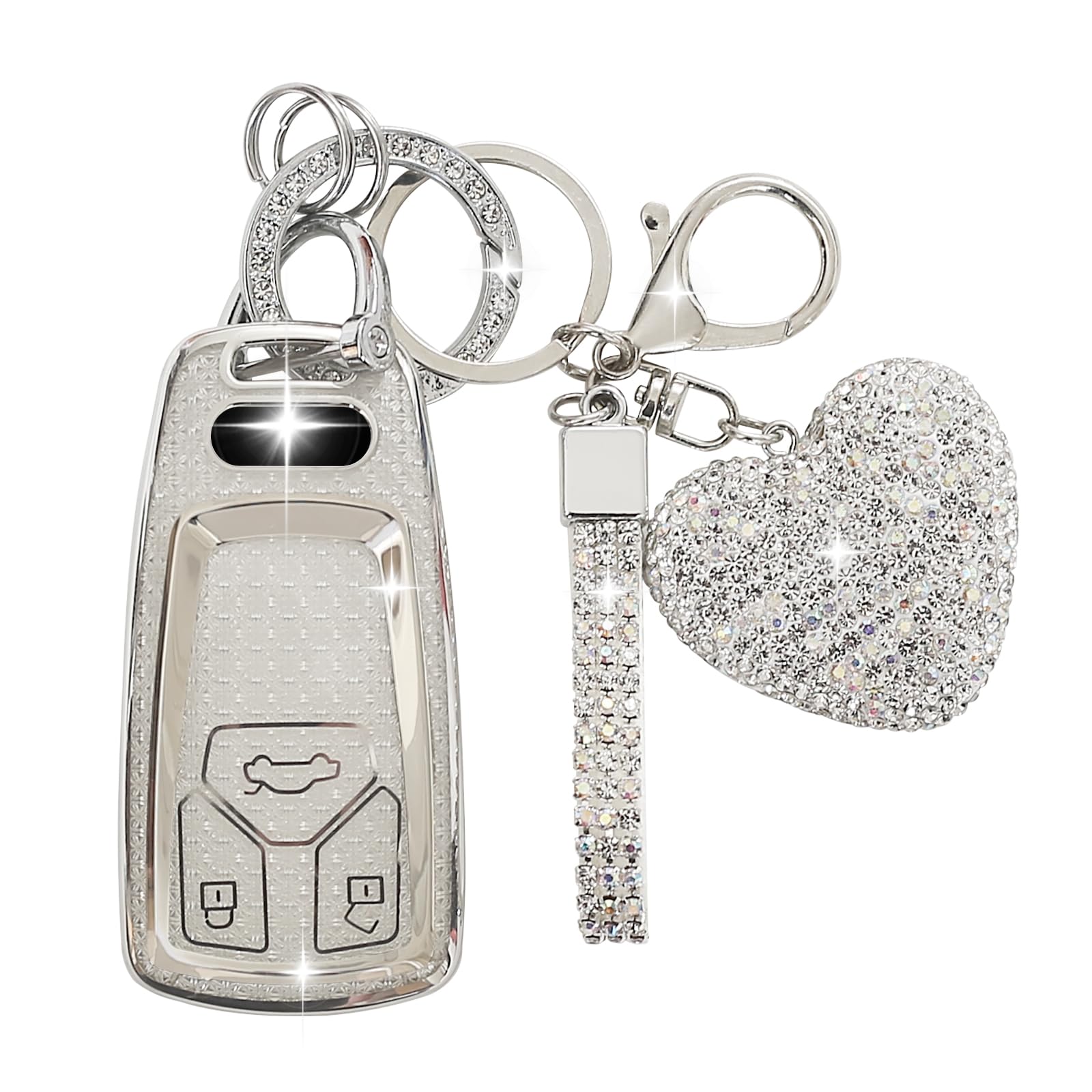ZVRSUA Autoschlüssel Hülle Passt für Audi，Autoschlüssel Schutzhülle mit Gliter Liebe Schlüsselanhänger Kompatibel mit Audi A4 S4 RS4 B9 A5 F5 S5 RS5 A6 A7 C8 A8 S8 D5 Q2 Q5 SQ5 Q7 SQ7 (Silber) von ZVRSUA