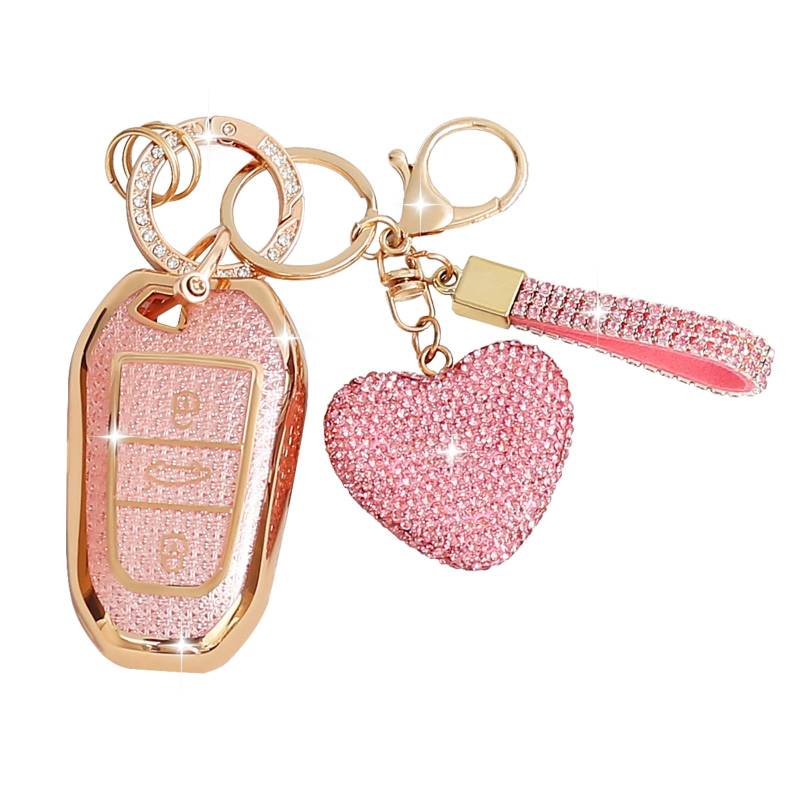 ZVRSUA Autoschlüssel-Hülle mit Diamant-Schlüsselanhänger – Kompatibel mit Peugeot 2008 3008 5008 308 508 für Opel 3 Grandland X Mokka Corsa Insignia,Smart Key,3 Tasten (Rosa) von ZVRSUA