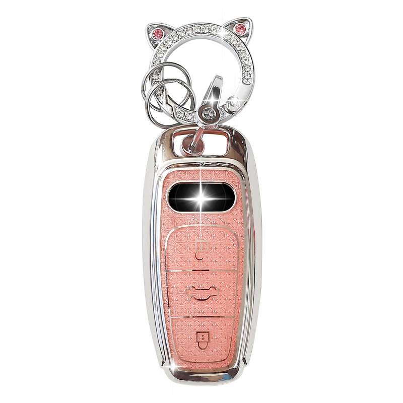 ZVRSUA Autoschlüssel Schutzhülle Passt für Audi,Schlüsselcover TPU Mit Diamant Schlüsselanhänger Autoschlüssel hülle 3 Tasten Kompatibel mit Audi A6L, A6, A7, A8, Q7, Q8, E-Tron, S6, RS6, S7 (Rosa) von ZVRSUA
