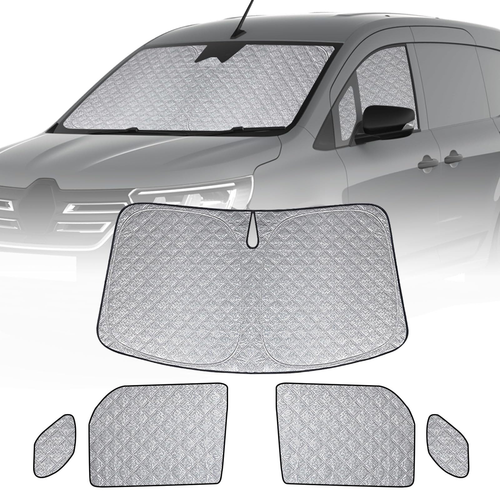 Auto Sonnenblende Ersatz für 2020-2025 Renault Kangoo 3 XFK, 5 STK Faltbarer Sonnenschutz für Auto Innenabdeckung, Windschutzscheibenabdeckung um 99% UVR Blockieren und Ihr Fahrzeug Kühler zu Halten von ZWPARTS
