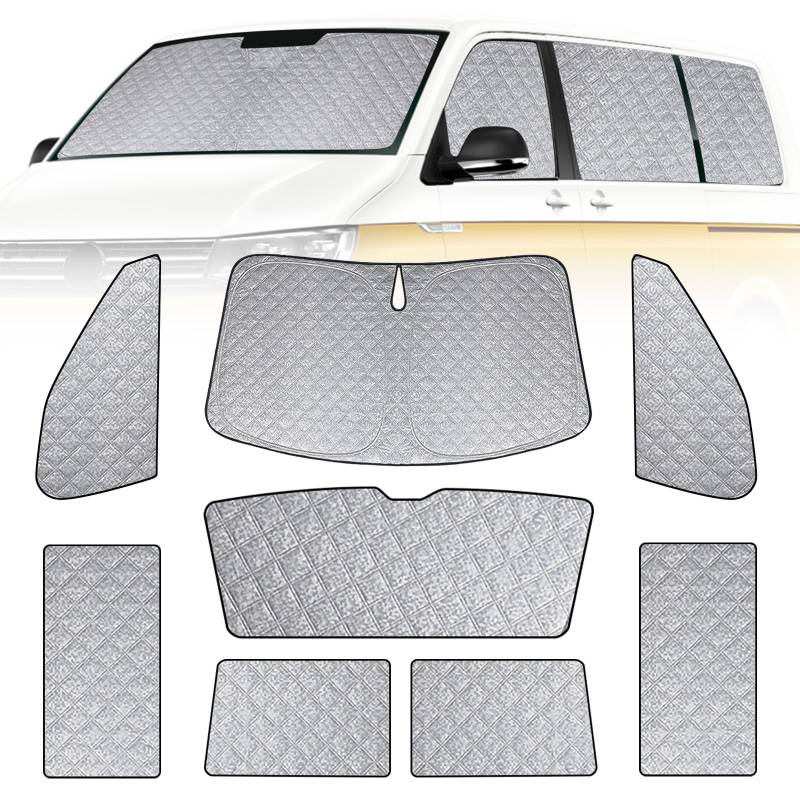 Auto Sonnenblende Ersatz für VW T5 T6, 8 STK Faltbarer Sonnenschutz für Auto Innenabdeckung, Windschutzscheibenabdeckung um 99% UVR zu Blockieren und Ihr Fahrzeug Kühler zu Halten von ZWPARTS
