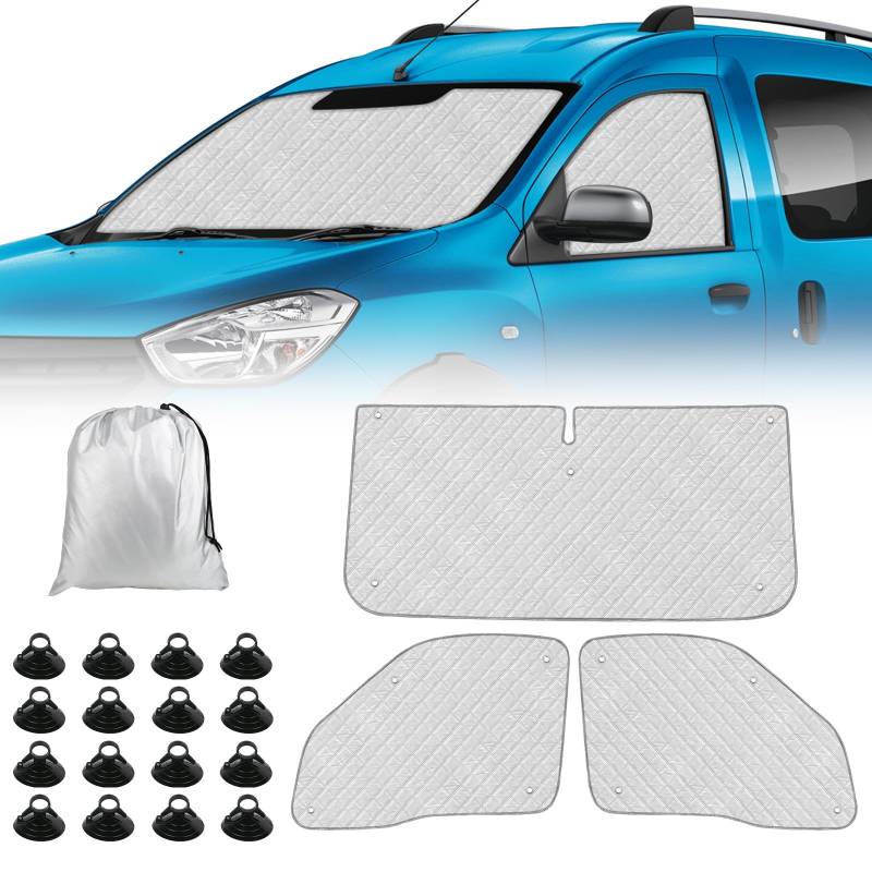 Sonnenschutz Auto Frontscheibe Ersatz für Dacia Dokker 2015-2025, 3 STK Faltbarer Sonnenschutz für Auto Innenabdeckung, Internes Thermomatte Set mit Aufbewahrungstasche, Ihr Fahrzeug Kühler Halten von ZWPARTS