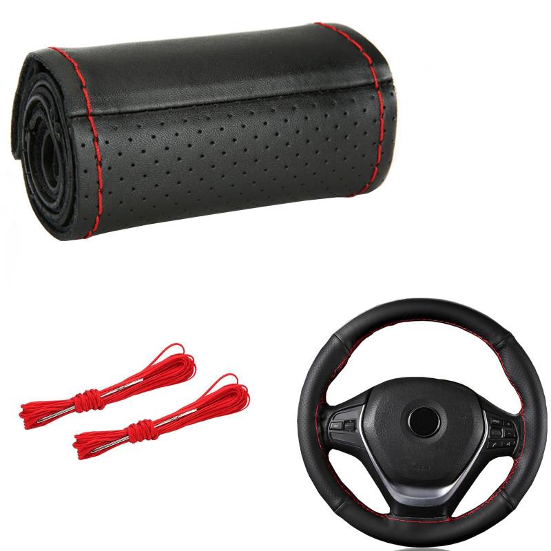 Lenkradbezug FüR VW T5 T6 Transporter Multivan Caravelle 2003-2023 2024, Universal DIY Auto Lenkrad SchutzhüLle HandgenäHter Zweifarbiger Aus Leder Langlebig InnenzubehöR, Redline von ZXAJDWNU