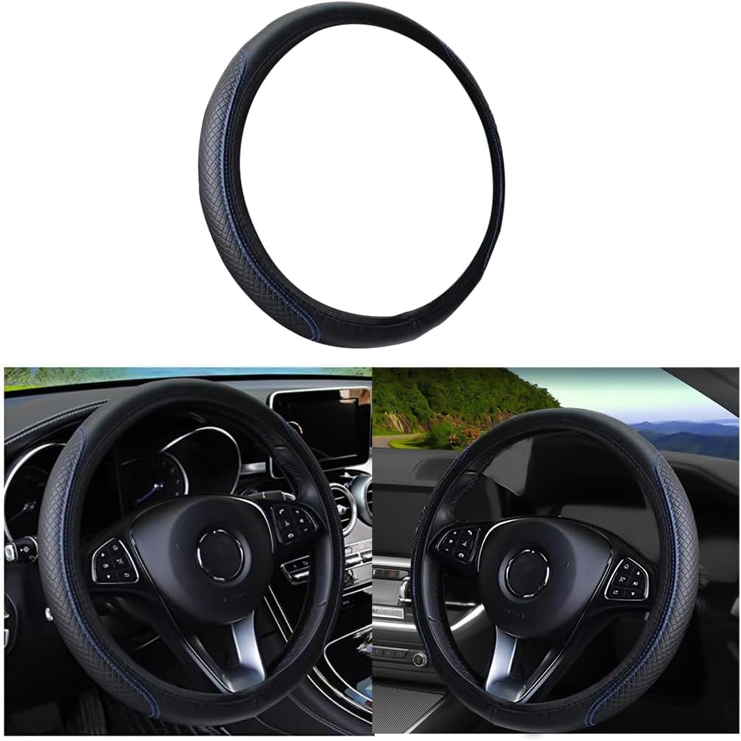 Auto Lenkradabdeckung, Universal Mikrofaser PU Leder Elastische 15-Zoll Stitching Farbe Anti-Rutsch Lenkrad Schutz, Auto Innenraum Schutz Zubehör für Männer Frauen (Schwarz&Blau) von ZYSY