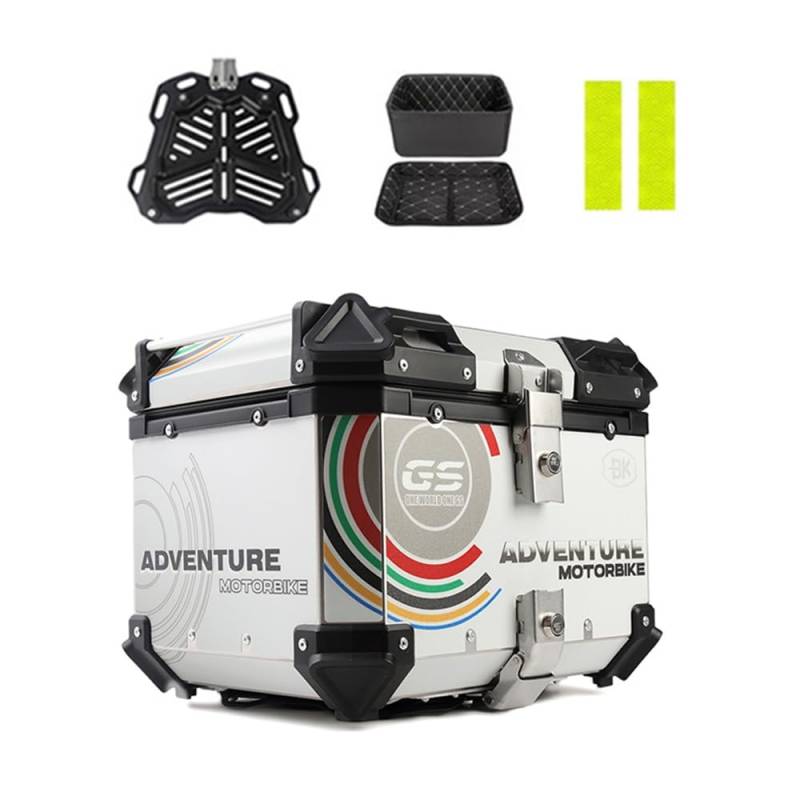 Aluminium Motorradkoffer Helmkoffer Topcase, Universal Roller Koffer Motorrad Heckbox Mit Sicherheitsschloss, 36L 45L 55L 65L(Silver,65L) von ZYXWLC