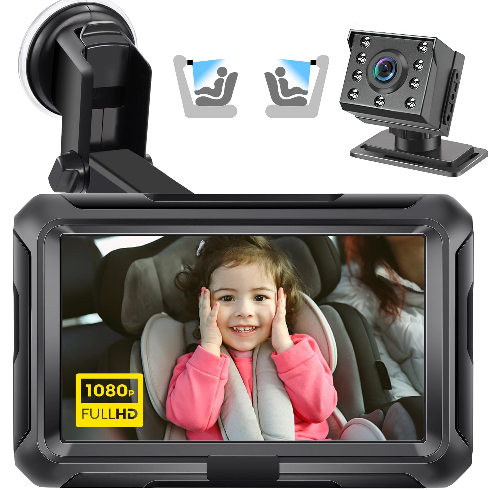 Zacro Baby Auto Spiegel HD 1080P mit Kamera, Auto Rücksitzspiegel , Babyspiegel Rückansicht Monitor, mit Nachtsichtfunktion, Rücksitz Monitor Display von Zacro