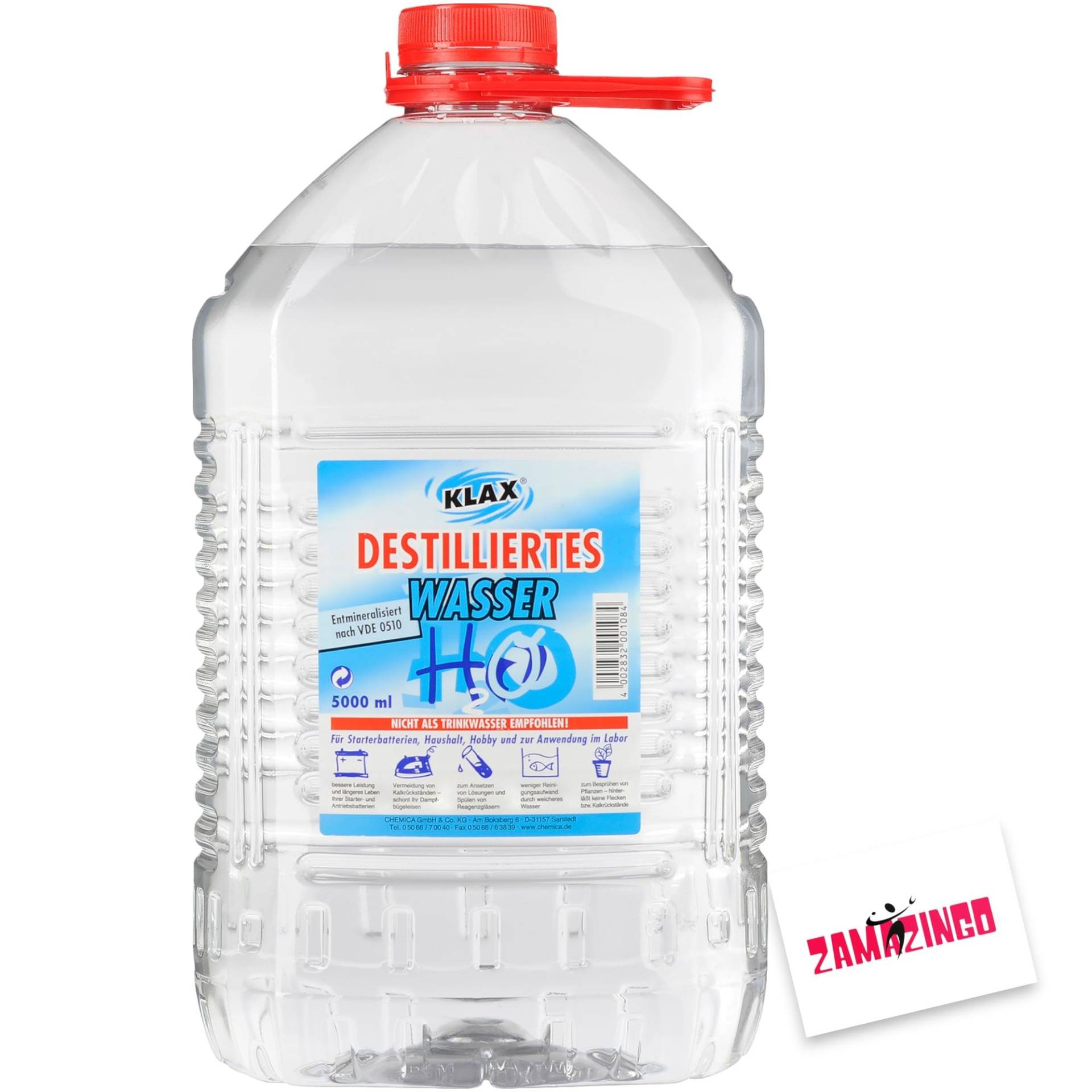 Zama4Zingo Klax Destilliertes Wasser 5 Liter | Entmineralisiert nach VDE 0510 | Für Starterbatterien, Haushalt, Hobby & Anwendung im Labor von Zama4Zingo