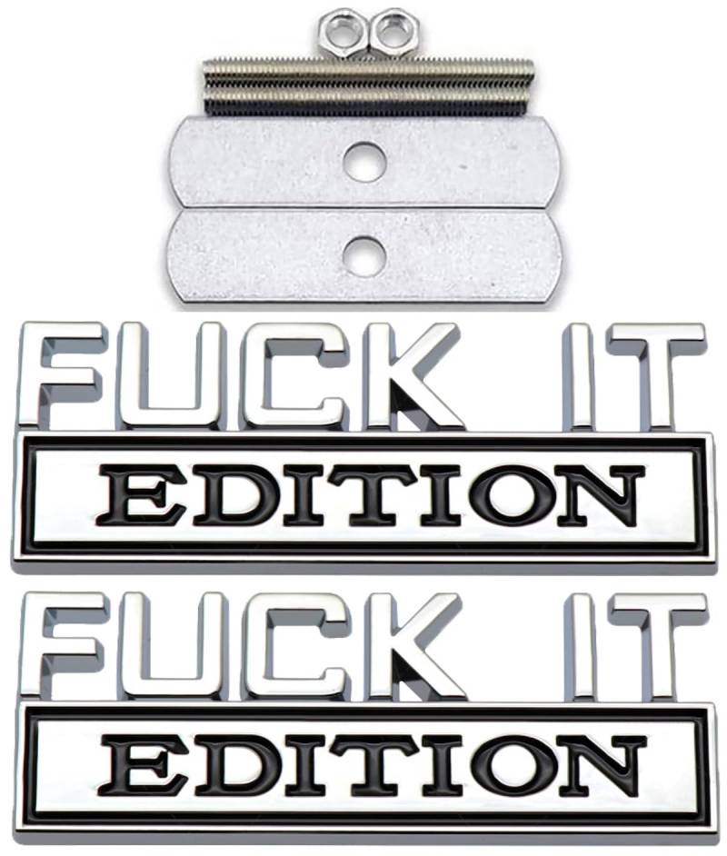 ZeNtoy 1X 3D Metall FUCK-IT-EDITION Frontgrill Emblem + 1X 3D Abzeichen Aufkleber, 3D Premium Auto Side Fender Heck Kofferraum Emblem Logo Abzeichen Abziehbilder,Silver+black von ZeNtoy