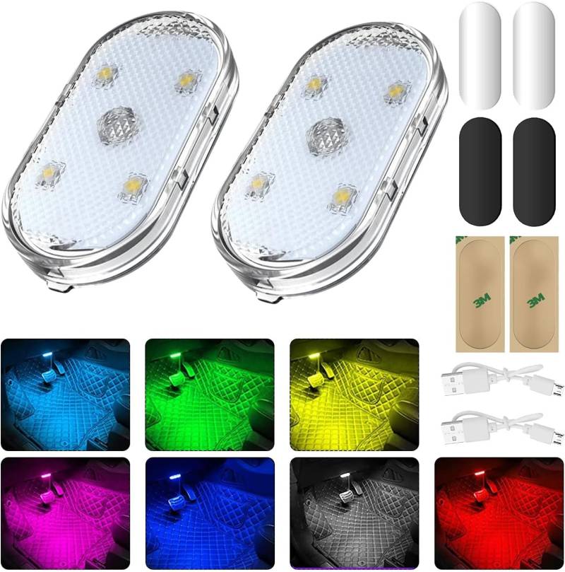 2 Stück Auto Led Innenbeleuchtung,Auto Innenraumbeleuchtung,Auto Wiederaufladbaren Mobilen USB Touch Auto Zubehör,Mehrfarbige Led Atmosphäre Licht,Led Lampen fürs Auto von ZeiLaBang Kakadi