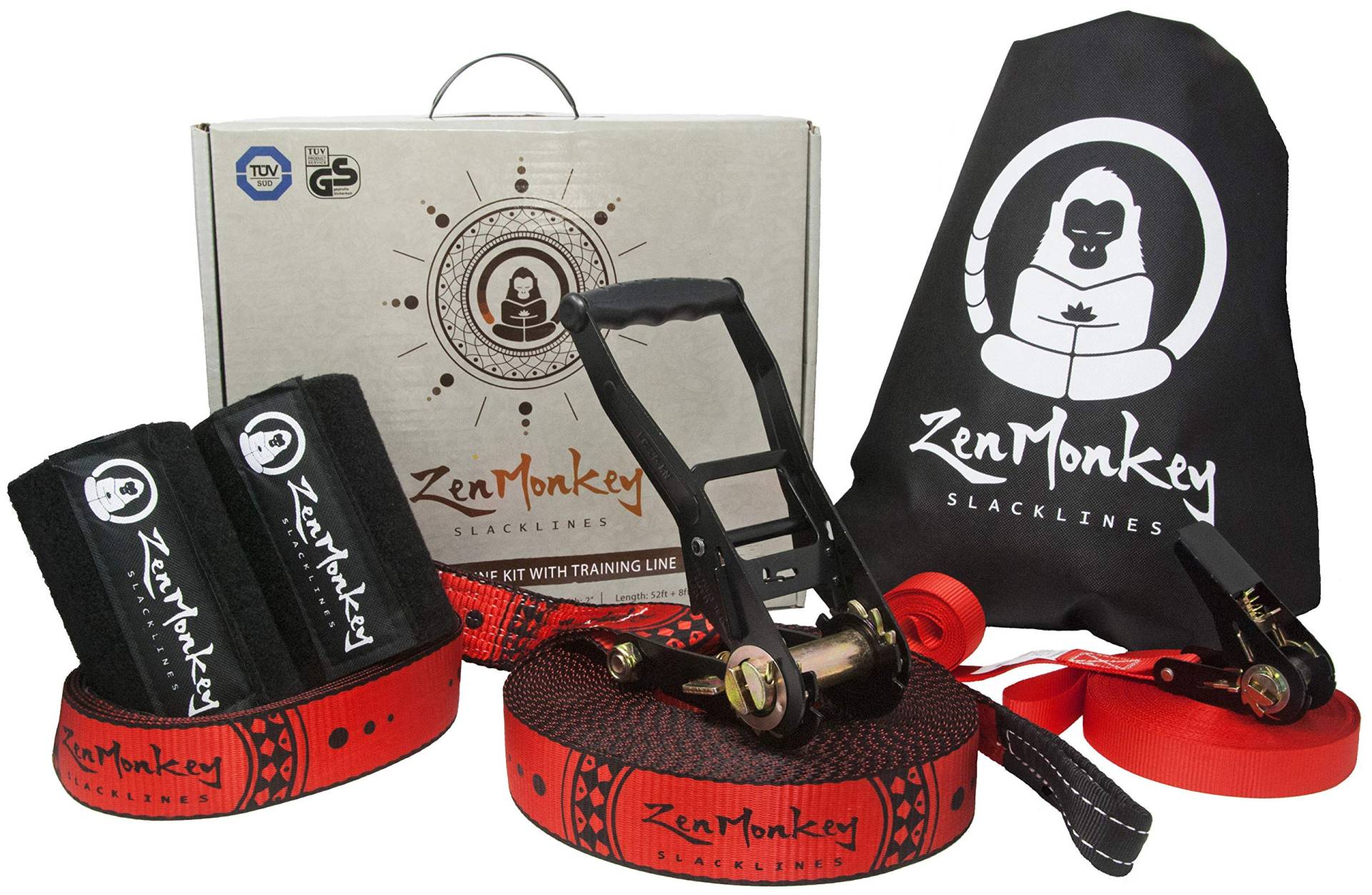 ZenMonkey Slackline-Kit mit Überkopf-Trainingslinie, Armtrainer, Baumschutz, Stofftragetasche und Anleitung (evtl. nicht in deutscher Sprache), 1,8 m – einfache Einrichtung für die Familie, Kinder und von ZenMonkey Slacklines