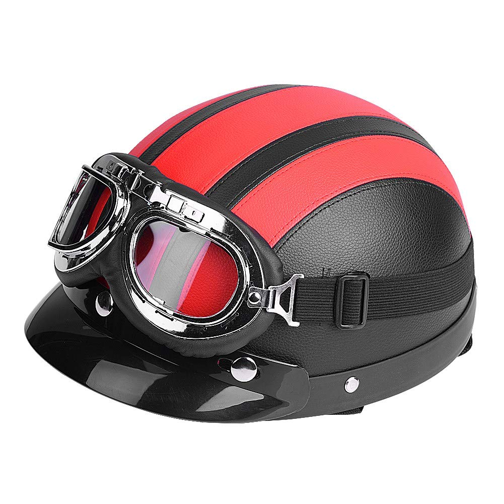 Roller-Helm, Universal-Motorrad-Roller aus Kunstleder mit offenem Gesicht, halber Helm und Visier -Brille (Rot) von Zerone