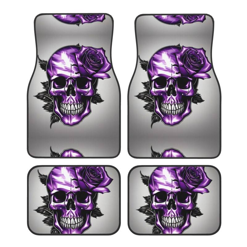 Lila Rose und Totenkopf Auto Fußmatten - Vierteiliges Set, Universal vorne & hinten, Kristallsamtoberfläche für SUV, LKW, Limousine von ZhanGM