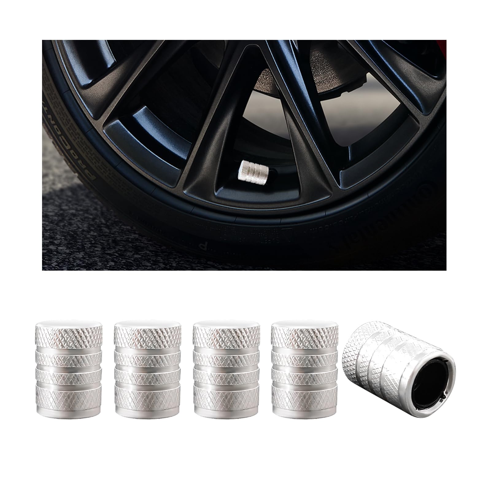 Ziciner 5 Stück Autoreifen-Ventilkappe, eloxiertes Aluminium, korrosionsbeständige Auto-Reifen-Luftkappe, universelles Fahrzeug-Außenzubehör für Auto, LKW, Motorrad, Fahrrad (Silber) von Ziciner