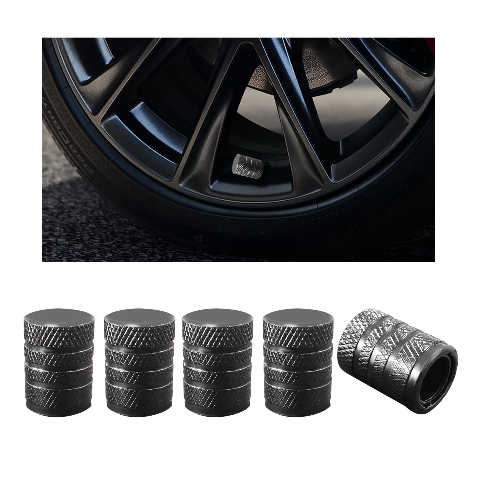Ziciner 5 Stück Autoreifen-Ventilkappe, eloxiertes Aluminium, korrosionsbeständige Auto-Reifen-Luftkappe, universelles Fahrzeug-Außenzubehör für Auto, LKW, Motorrad, Fahrrad (schwarz) von Ziciner