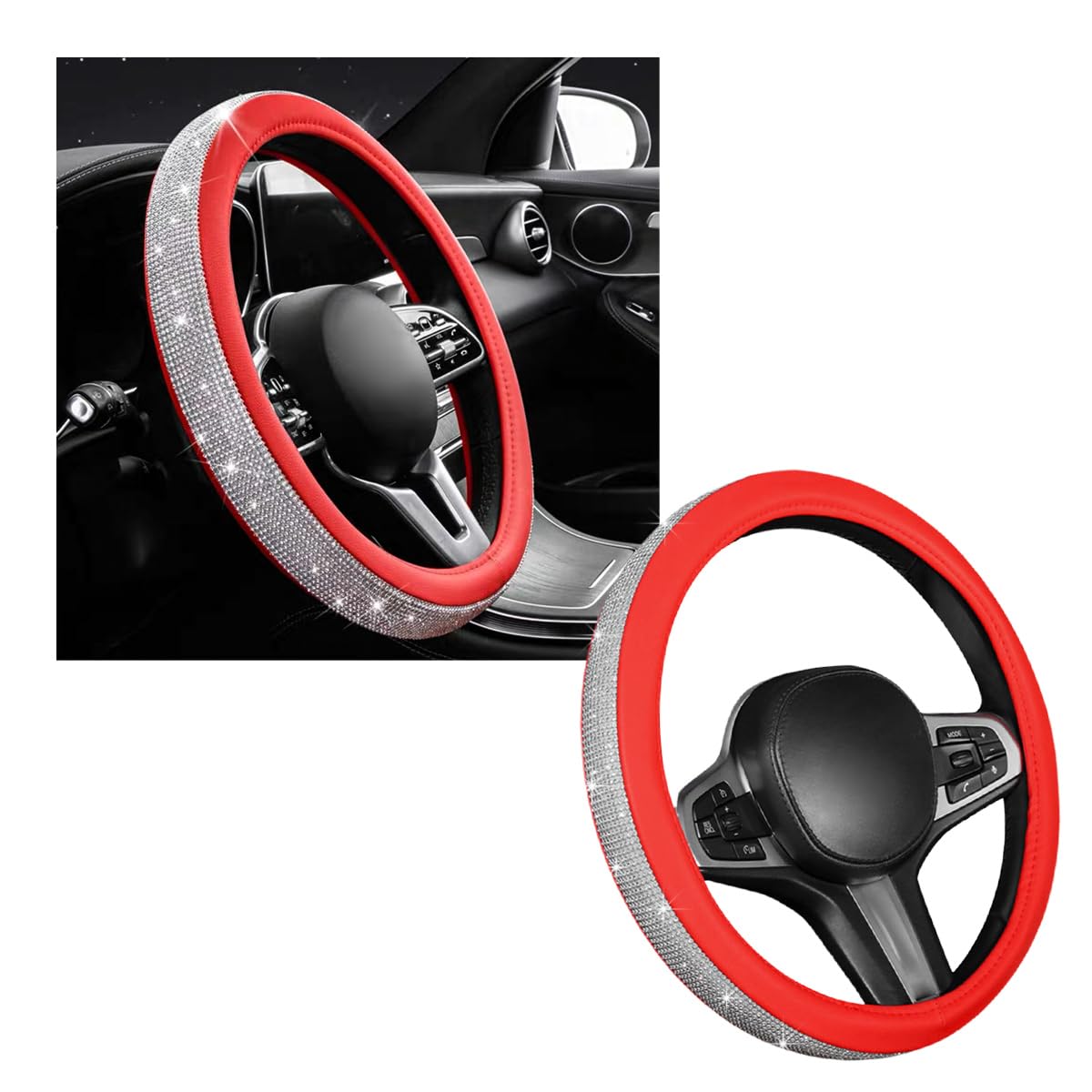 Ziciner Lenkradbezug, glitzernde Kristall-Strasssteine, Auto-Radschutz, universelle Passform, verschiedene 36,8–38,1 cm Lenkrad, Innendekoration, Autozubehör (weiß + rot) von Ziciner