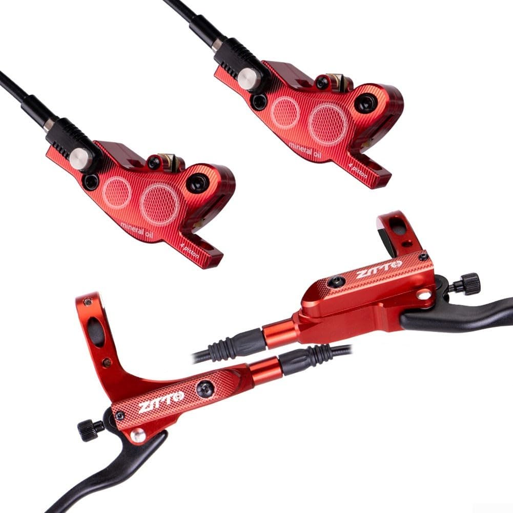 Hydraulische Bremsen Set für Fahrräder, 4 Push Kolben Design für robuste Kontrolle auf Trails (Rot) von Zilimontt