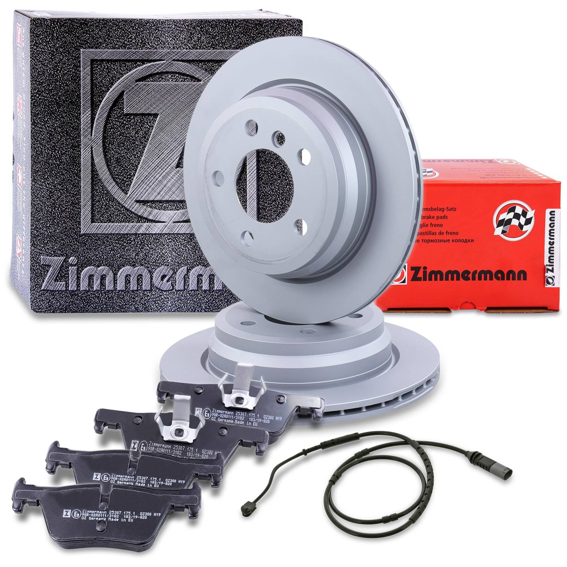 ZIMMERMANN Bremsenset Hinterachse inkl. Bremsscheiben hinten Ø 300 mm und Bremsbeläge hinten mit Verschleißkontakt Kompatibel mit BMW 3er (F30, F80, F34, F31), 4er (F33, F83, F32, F82, F36) von Zimmermann