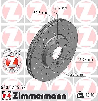 Zimmermann Bremsscheibe Vorderachse Belüftet Gelocht [Hersteller-Nr. 600.3249.52] für Bentley, VW von Zimmermann