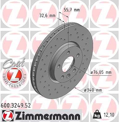 Zimmermann 1x Bremsscheibe Vorderachse Belüftet Gelocht [Hersteller-Nr. 600.3249.52] für Bentley, VW von Zimmermann