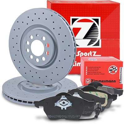 Zimmermann Sport-Bremsscheiben +Bremsbeläge mit Warnkontakt vorne für Audi, Seat, Skoda, VW von Zimmermann