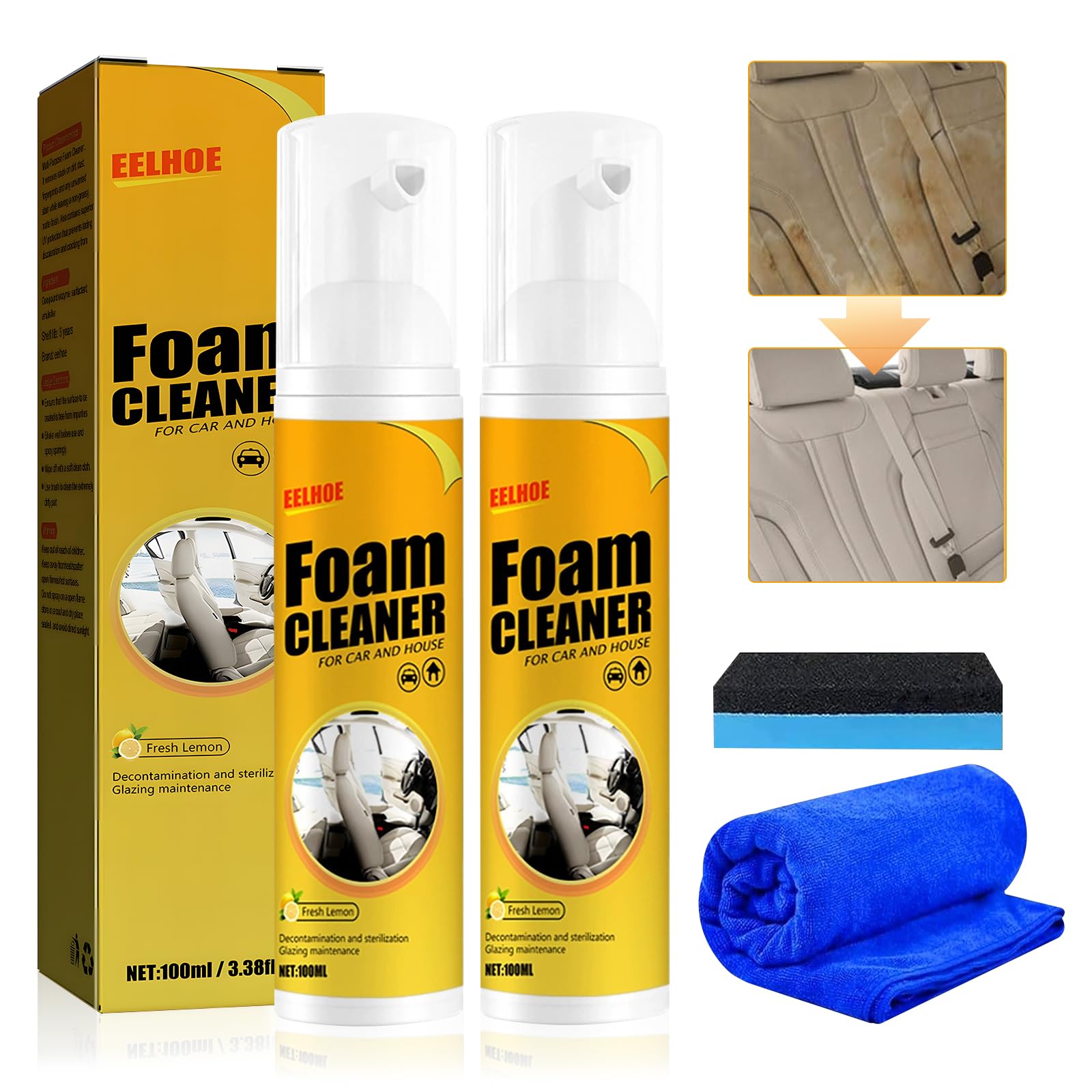 2Pcs Foam Cleaner mit Schwamm und Handtuch,Auto Innenraum, Cockpitpflege, Innenraumreiniger,for Interior Speziell FüR Hygienische Sauberkeit Im Auto Und Haushalt von Znnhnn