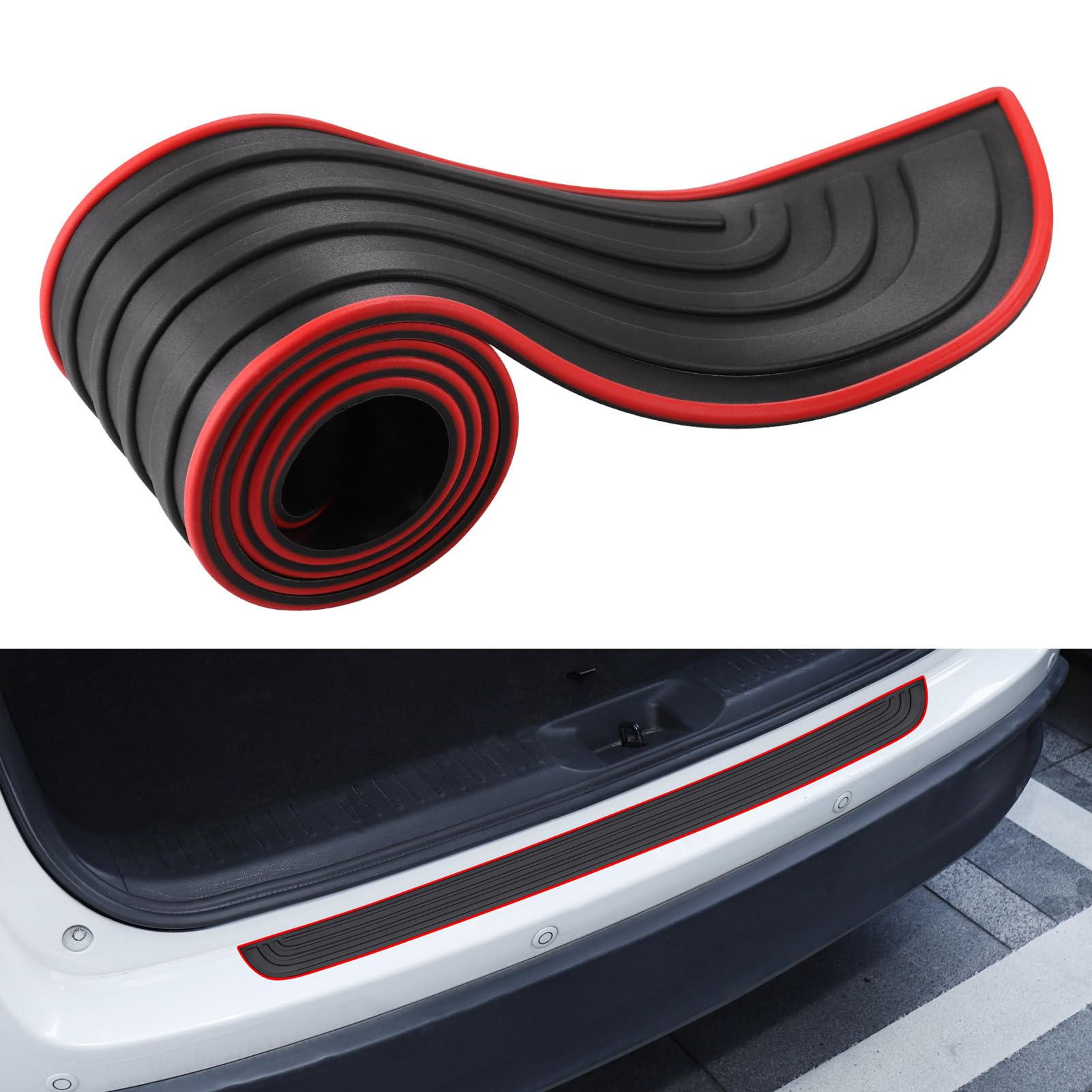 Zocipro Stoßstangenschutz aus Gummi,90cm x 7cm Schwellerschutz für den Kofferraum,Kratzfest und Abriebfest, Selbstklebender Heckstoßstangenschutz, Autozubehör für die Meisten Autos,SUVs (Schwarz+Rot) von Zocipro