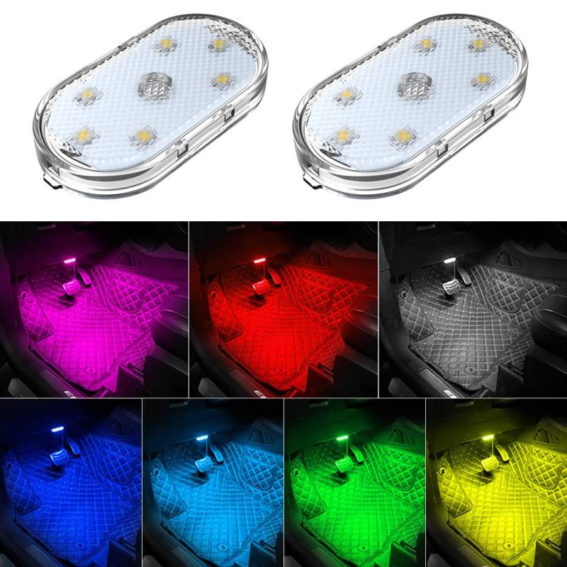 2 Stück Auto LED Innenbeleuchtung, 7 Farben Umgebungsbeleuchtung Autoinnenraum, USB wiederaufladbare Auto-Innenleseleuchte, tragbare LED-Leuchten für das Auto von Zosppei