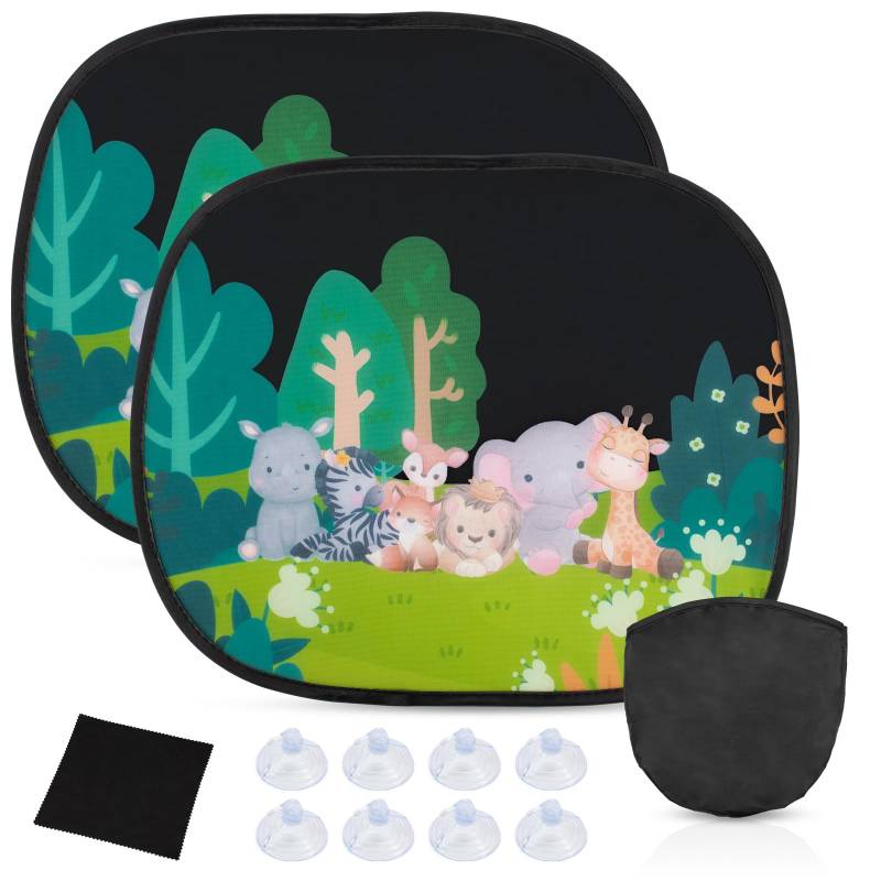 2 Stück Sonnenschutz Auto Baby mit UV Schutz,Sonnenschutz Auto Seitenscheibe - Autofenster Sonnenblende Kinder - Verdunklung 44 x 36 cm mit Saugnapf (Waldtiere) von Zouwel
