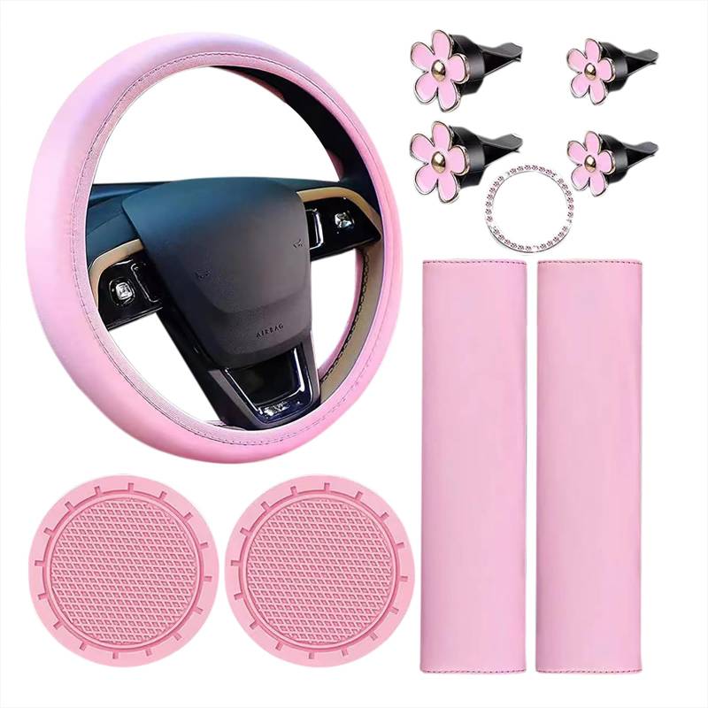Zstar Auto Lenkradbezug süßes Autozubehör-Set mit Sicherheitsgurt, Schulterpolstern, Getränkehaltern, Auto Lenkrad Abdeckung Rosa von Zstar
