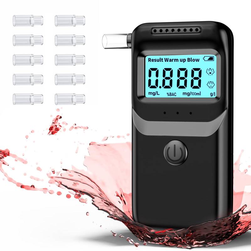 ZukQvrivelig Alkoholtester Polizeigenau, Alkoholtester mit 5 Mundstücke, Tester mit Digitaler Blauer LCD Anzeige und Halbleiter Sensorik Gradgenauigkeit für Privaten Professionellen Gebrauch zu Hause von ZukQvrivelig