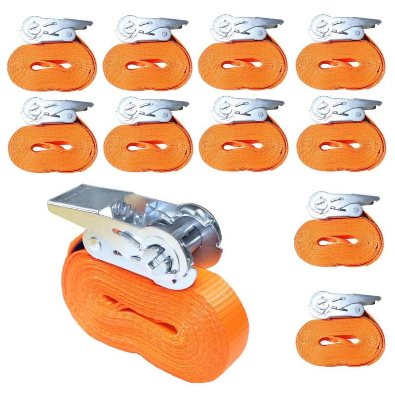 10 Stück 800kg 6m Spanngurte mit Ratsche einteilig 1 teilig Zurrgurte Ratschengurte 25mm orange 800 daN 0,8t von ZurrTec