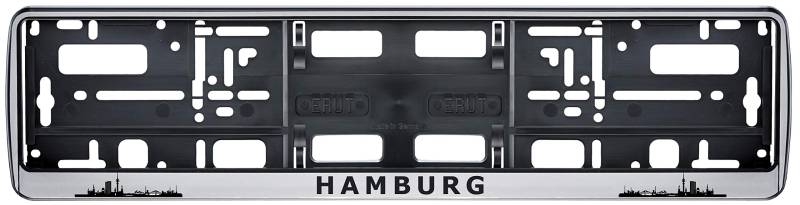 Auto Kennzeichenhalter Hamburg Skyline in der Farbe Silber/Schwarz Nummernschildhalterung Auto, Nummernschildhalter Fanartikel 2 Stück von aina
